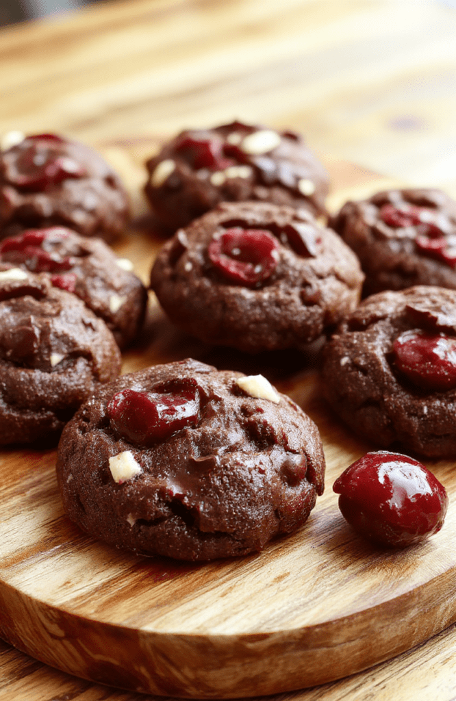 Gourmet chocolate cherry cookies on a rustic wooden board, each cookie golden-edged with deep chocolate cracks revealing plump, glossy cherries and rich chocolate chunks; dusted lightly with powdered sugar and garnished with a few whole dried cherries and chocolate shavings
