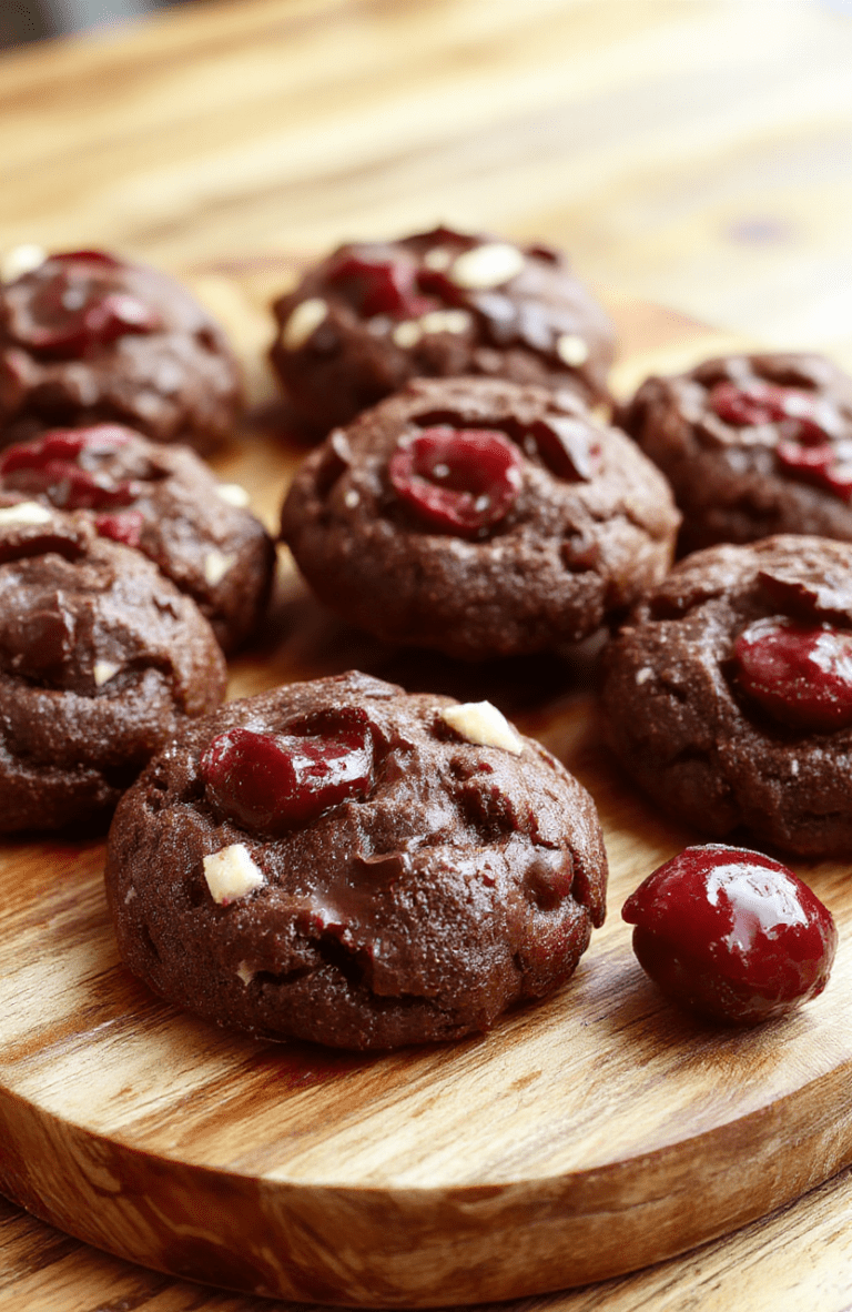 Gourmet chocolate cherry cookies on a rustic wooden board, each cookie golden-edged with deep chocolate cracks revealing plump, glossy cherries and rich chocolate chunks; dusted lightly with powdered sugar and garnished with a few whole dried cherries and chocolate shavings