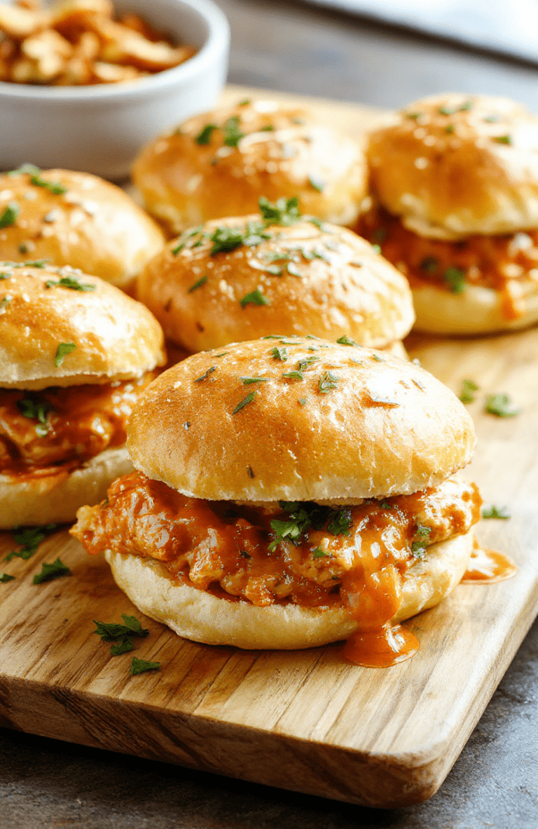 Three tiny buffalo chicken sliders on a soft brioche bun, brushed with golden glaze, topped with crisp romaine leaves and blue cheese drizzle, served on a rustic wooden board with red bell pepper strips and pickles nearby