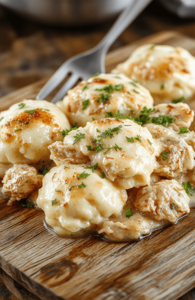 A rustic ceramic bowl filled with tender chicken pieces and fluffybuttermilk dumplings in a creamy, golden broth, garnished with fresh parsley and cracked black pepper, served on a natural wood board with soft shadows and daylight lighting.