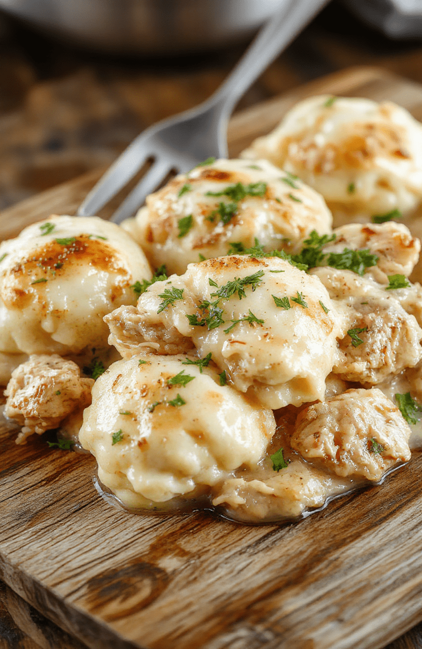 A rustic ceramic bowl filled with tender chicken pieces and fluffybuttermilk dumplings in a creamy, golden broth, garnished with fresh parsley and cracked black pepper, served on a natural wood board with soft shadows and daylight lighting.