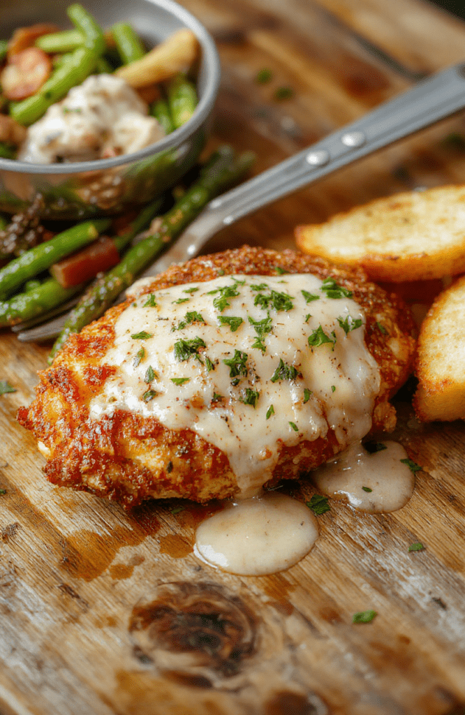 Golden-brown breaded chicken cutlet topped with marinara sauce and melted mozzarella and parmesan cheese, served on a white ceramic plate beside a small mound of al dente spaghetti. Fresh basil leaves and a sprinkle of extra parmesan garnish the dish. Soft natural light highlights the crispy crust and glossy sauce.
