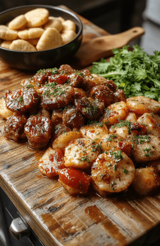 A rustic ceramic slow cooker on a wooden countertop, lid slightly ajar, revealing tender shredded chicken with golden carrots and potatoes simmering in savory broth, garnished with fresh parsley, soft natural daylight, shallow depth of field