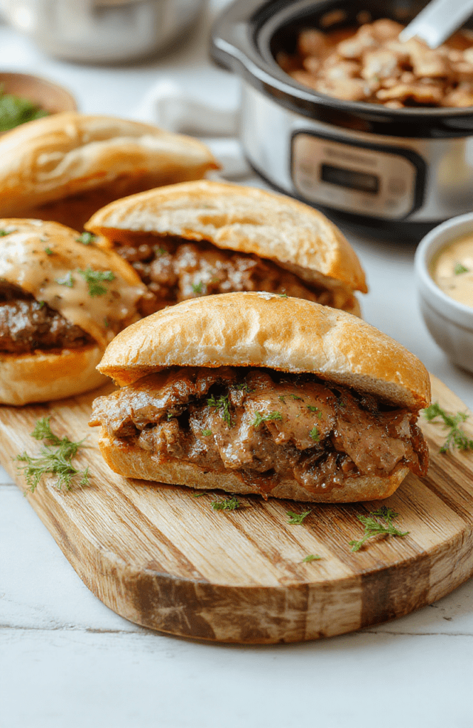 Juicy, tender pulled beef sandwiches served on crusty French rolls, topped with melted Swiss cheese, surrounded by au pair dipping sauce in a small ramekin, fresh rosemary sprigs and pickled onions on the side, warm rustic wooden board background with soft natural lighting.