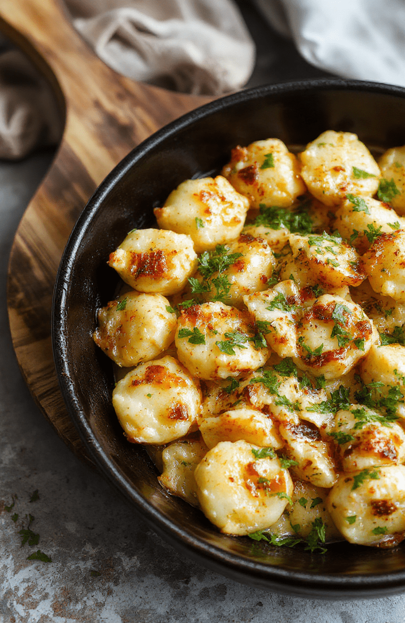 Golden-brown garlic chicken gnocchi skillet bubbling in a cast iron pan, topped with fresh parsley and grated Parmesan, served in the pan with crusty bread on the side against a rustic wooden table.