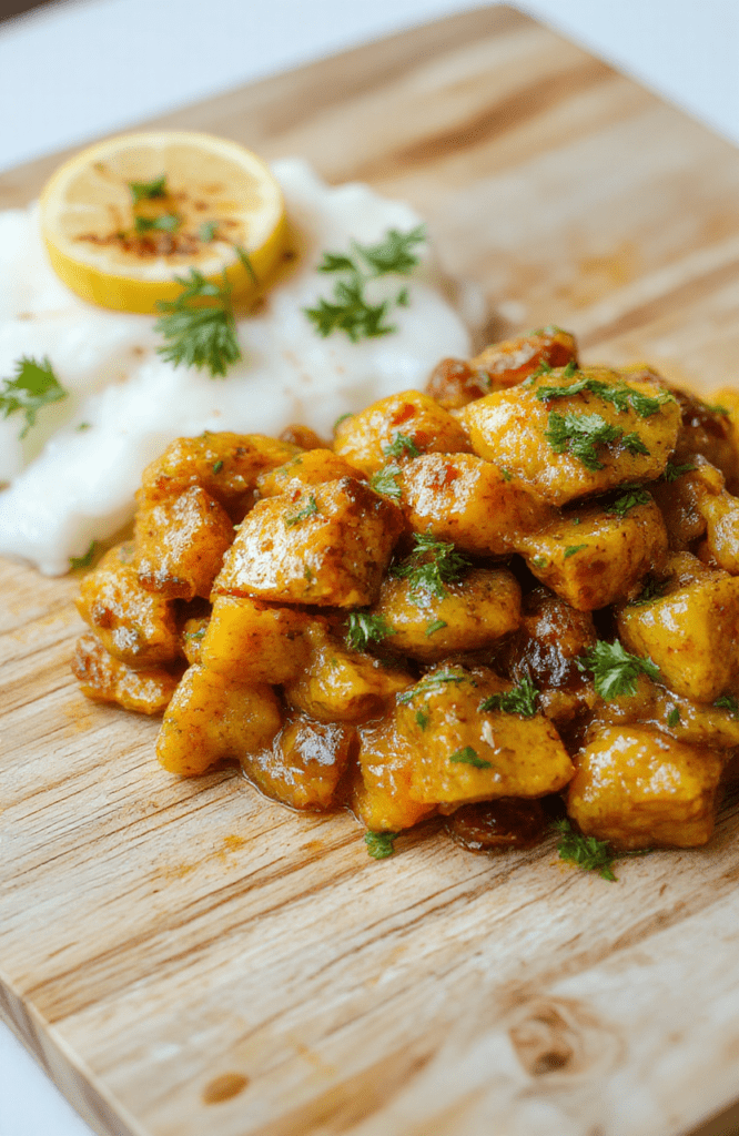 A rustic ceramic bowl filled with fragrant keema aloo curry — golden-brown ground lamb or beef and tender baby potatoes in a spiced tomato-onion gravy, garnished with fresh cilantro and a drizzle of cream, served with a side of steamed basmati rice on a wooden cutting board.