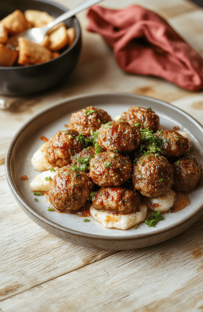 Glossy, caramel-brown Mongolian meatballs glistening under a sweet-savory sauce, nestled on a bed of fluffy white rice with scattered green onions and sesame seeds, served in a rustic ceramic bowl against a light wooden table.