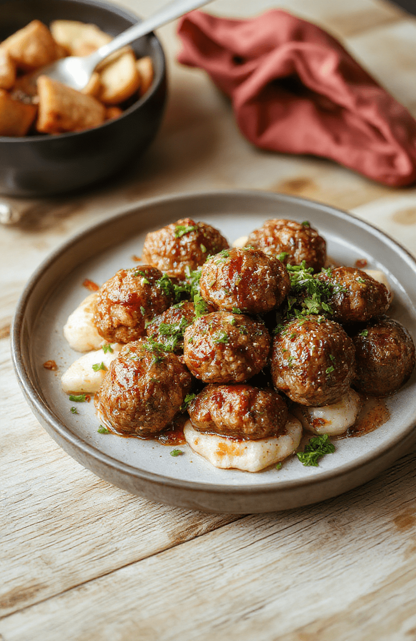 Glossy, caramel-brown Mongolian meatballs glistening under a sweet-savory sauce, nestled on a bed of fluffy white rice with scattered green onions and sesame seeds, served in a rustic ceramic bowl against a light wooden table.