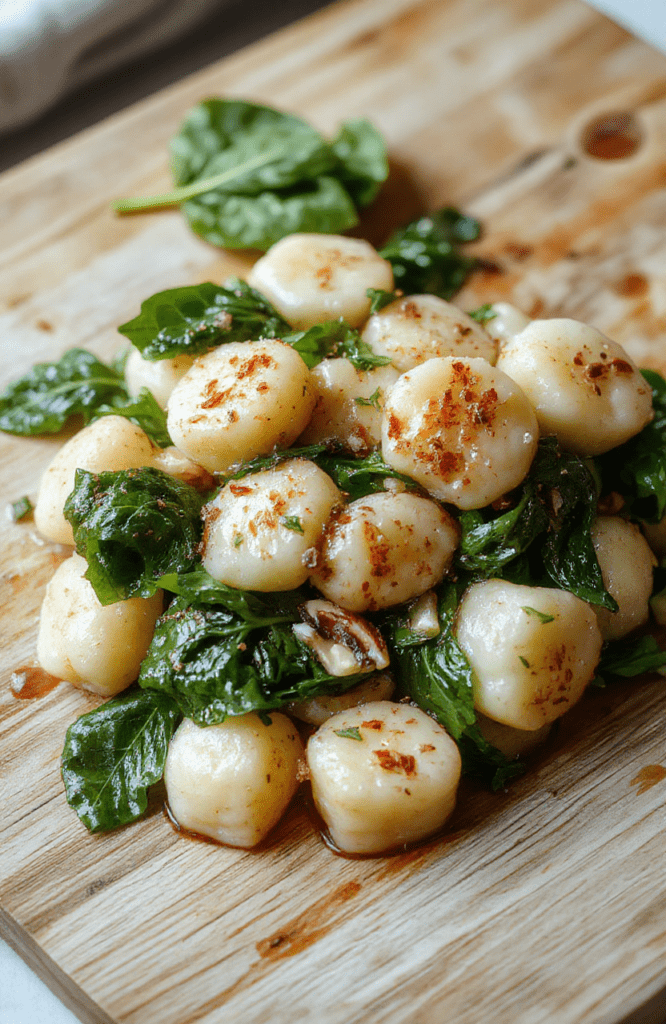 Golden-brown gnocchi cooked in a single pan with wilted baby spinach, garlic slices, and a drizzle of olive oil, sprinkled with fresh parsley and grated Parmesan on a rustic wooden cutting board, with soft shadows and natural daylight highlighting the texture and sheen.