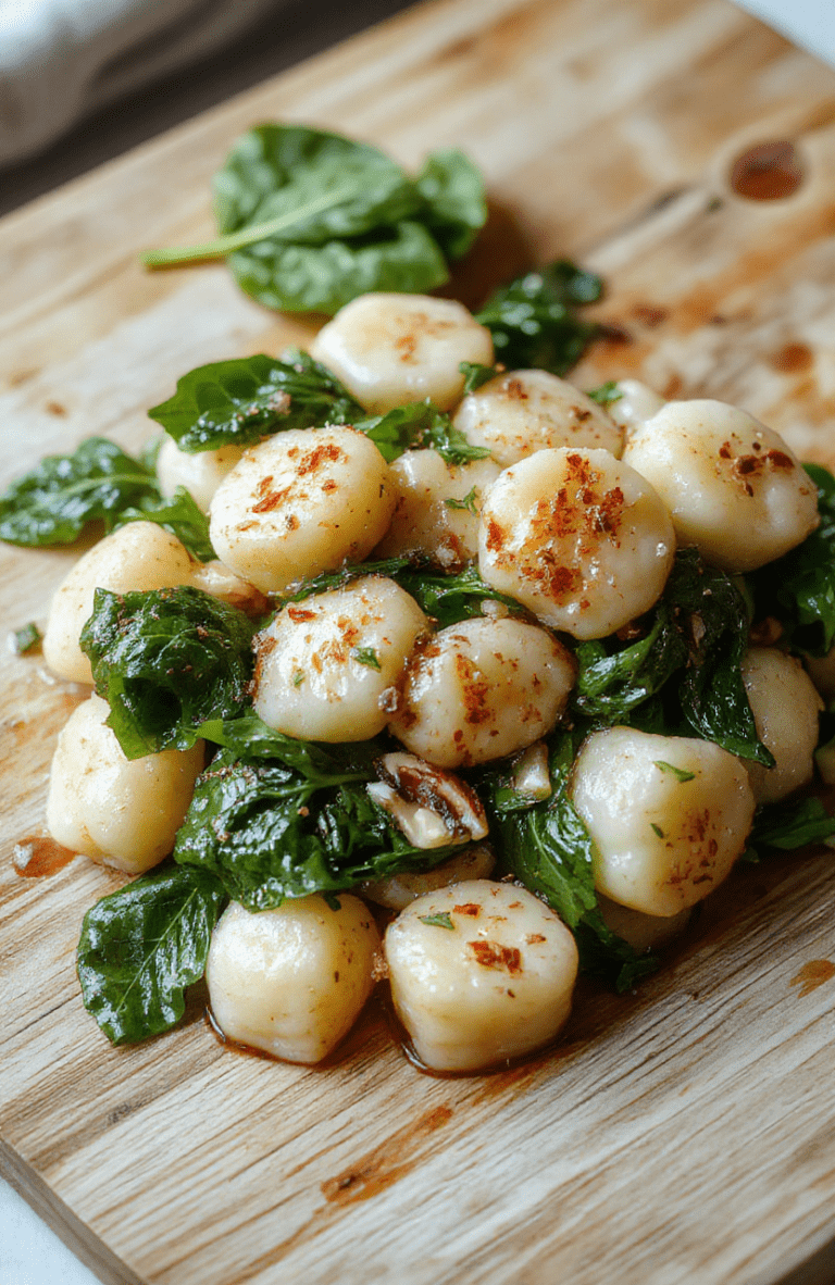 Golden-brown gnocchi cooked in a single pan with wilted baby spinach, garlic slices, and a drizzle of olive oil, sprinkled with fresh parsley and grated Parmesan on a rustic wooden cutting board, with soft shadows and natural daylight highlighting the texture and sheen.