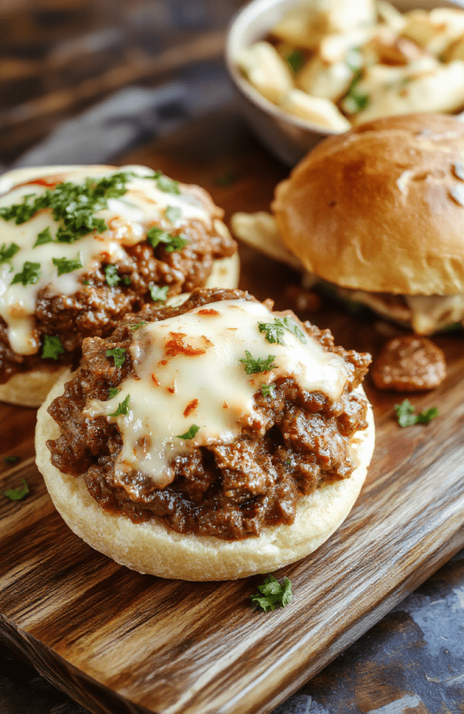 Golden brown toasted hoagie rolls filled with thick, caramelized ground beef and onions, layered with melted American cheese and topped with a glossy, tangy tomato-based sauce — rustic, messy, and intensely savory, served on a wooden board with a sprinkle of parsley.