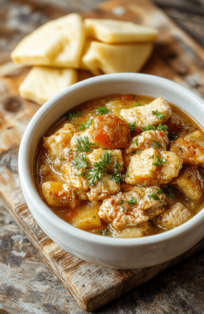 A rustic ceramic bowl filled with tender slow-cooked chicken stew, featuring golden-brown chicken chunks, soft baby potatoes, carrots, celery, and peas in a rich, golden broth. Garnished with fresh parsley, served on a wooden table with soft natural daylight and shallow depth of field.