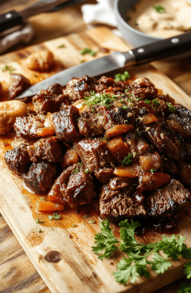 Tender, fall-apart beef pot roast resting on a bed of golden roasted potatoes and baby carrots, bathed in a rich au jus with visible gold cream of mushroom soup swirls, topped with browned onion rings and fresh parsley, served in a rustic ceramic bowl against a wooden table with soft natural lighting and shallow depth of field.