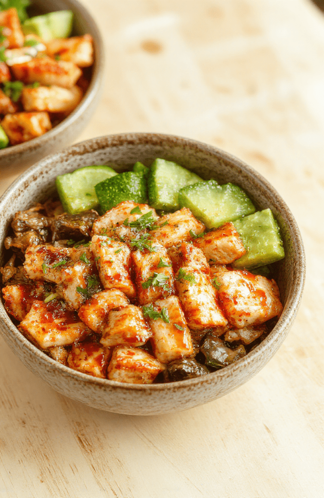 A vibrant turkey teriyaki bowl with grilled teriyaki-glazed turkey strips, fluffy jasmine rice, steamed broccoli florets, sliced green onions, toasted sesame seeds, and roasted carrots on a white ceramic bowl against a light wooden tabletop. Natural daylight highlights glossy sauce sheen and fresh textures.