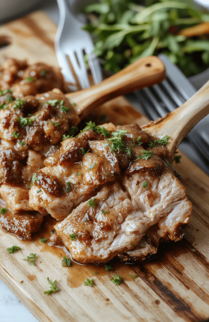 Golden-brown seared pork chops nestled in a rich, caramelized onion and mushroom gravy on a white ceramic plate, garnished with fresh parsley, resting on a clean wooden cutting board with soft natural lighting and shallow depth of field.