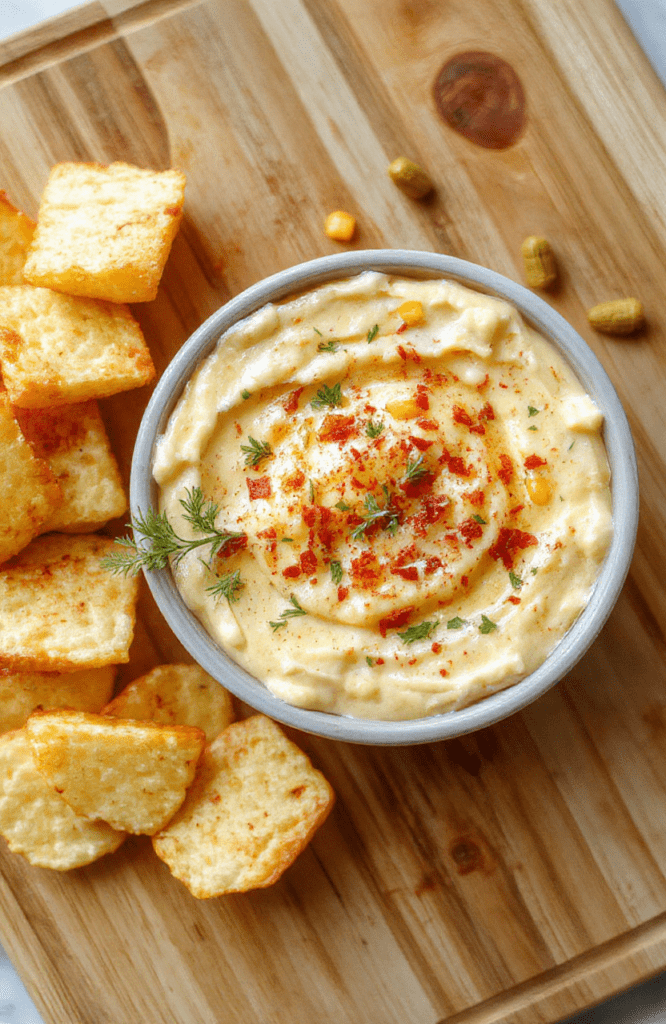 Creamy, golden-yellow corn dip在 a white ceramic bowl on a wooden table, topped with melted cheddar, fresh cilantro, and grilled corn kernels; vibrant colors and melty texture visible, shallow depth of field background.