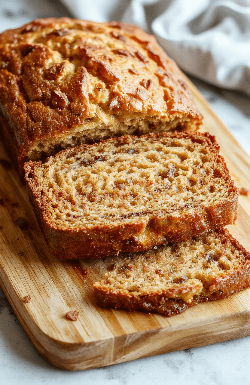 A golden-brown, slice of banana bread on a white ceramic plate, showing a moist crumb texture with visible banana flecks and a caramelized crust. A few whole walnuts and banana slices decorate the side, with a dusting of powdered sugar near the edge. Soft natural daylight shadows, shallow depth of field, background is a light wood cutting board.