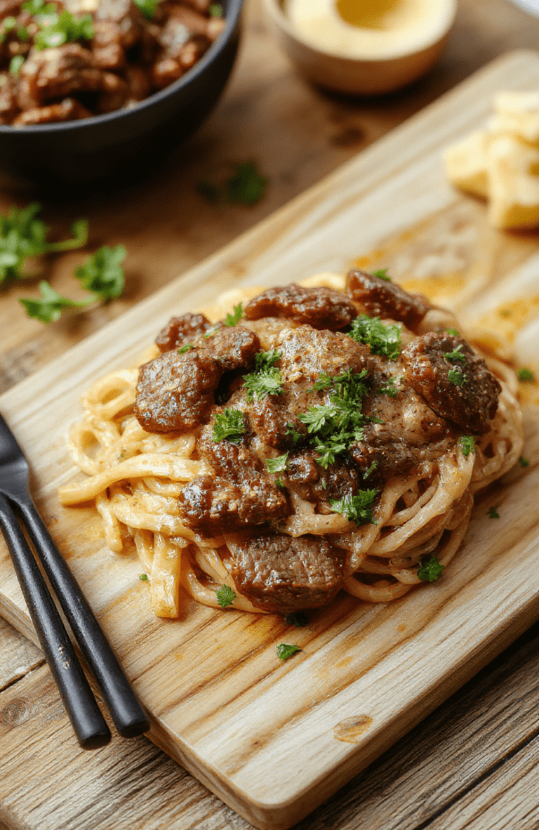 Tender brown beef tips served over buttery egg noodles in a creamy brown gravy, garnished with fresh parsley, on a white ceramic plate against a light wooden table, with soft natural light and shallow depth of field.