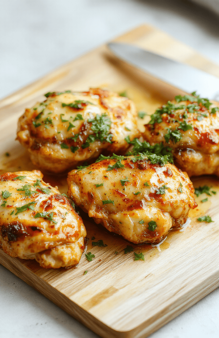 Golden-brown crispy-skinned chicken thighs glistening with glossy garlic butter sauce, nestled on a rustic ceramic plate beside a scatter of fresh parsley and roasted garlic cloves, steam rising softly, on a light maple wood cutting board with subtle grain.