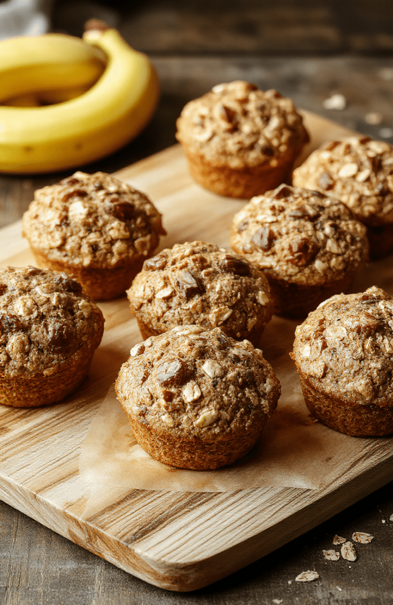 Rustic wooden tray holding 6 golden-brown banana oatmeal muffins with visible oat flecks and banana chunks, lightly dusted with powdered sugar, served on a parchment-lined board with a sliced ripe banana and a small bowl of old-fashioned oats beside them. Natural daylight, shallow depth of field, soft natural shadows.