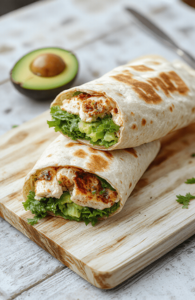 A fresh, colorful chicken avocado wrap on a white ceramic plate, cut diagonally to reveal vibrant layers of grilled chicken, creamy avocado, crisp lettuce, and red bell pepper, wrapped in a soft whole wheat tortilla with slight grill marks, garnished with lime zest and microgreens, natural daylight, shallow depth of field, minimal styling, lower third of image empty.