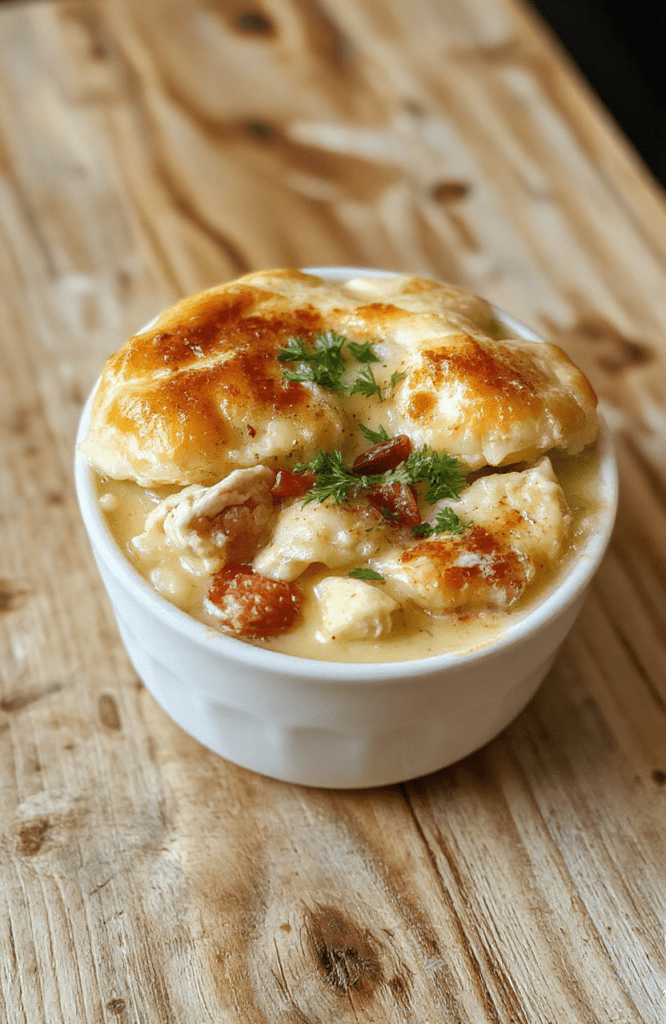 A rustic ceramic bowl filled with creamy chicken pot pie soup, featuring tender chicken pieces, soft carrots, peas, potatoes, and a hint of thyme, garnished with fresh parsley, steam rising, served on a light wooden table with soft natural lighting and a shallow depth of field.