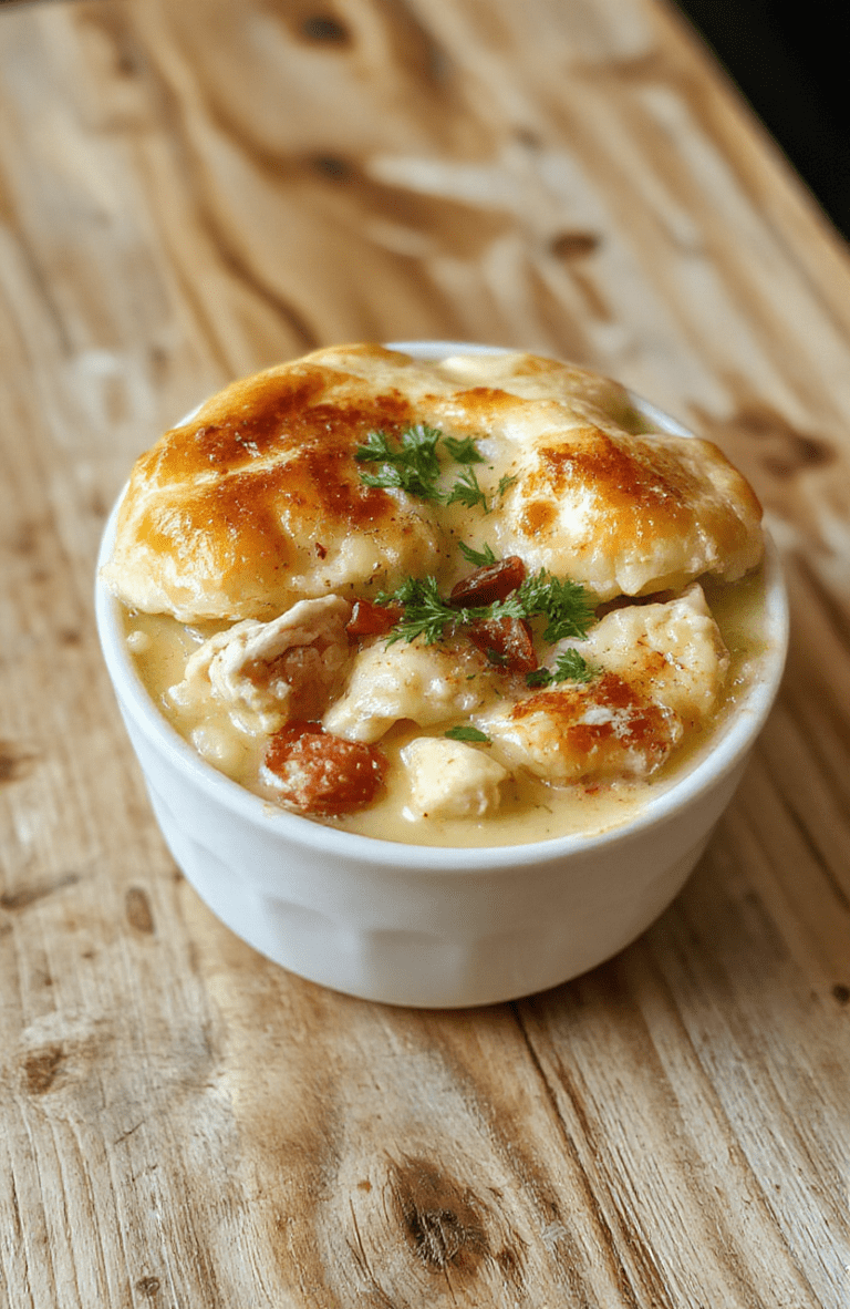 A rustic ceramic bowl filled with creamy chicken pot pie soup, featuring tender chicken pieces, soft carrots, peas, potatoes, and a hint of thyme, garnished with fresh parsley, steam rising, served on a light wooden table with soft natural lighting and a shallow depth of field.