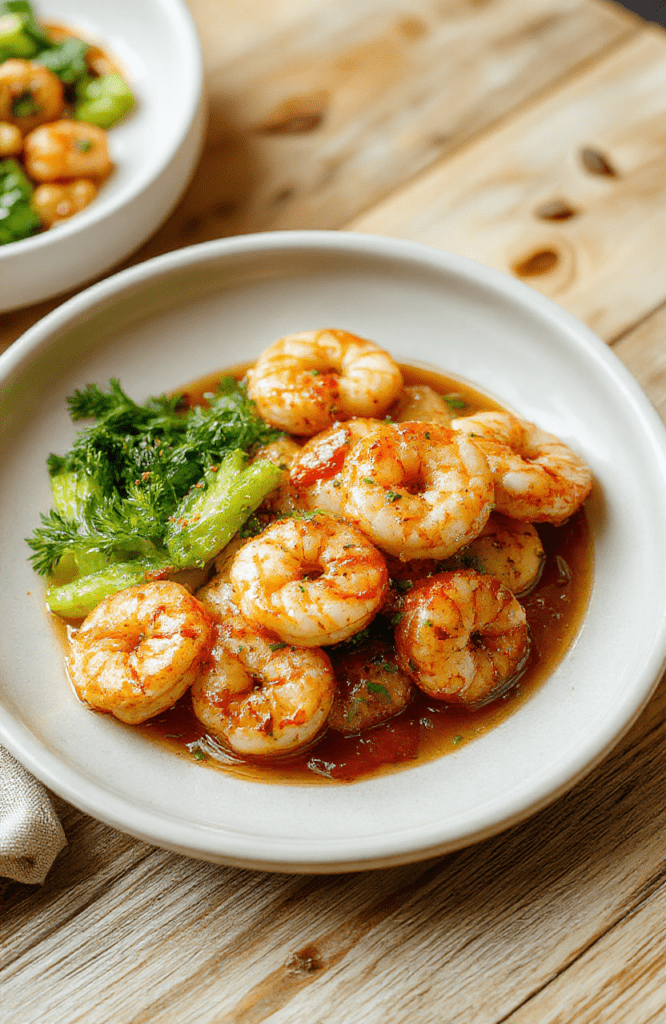 Bright pink and orange glazed shrimp arranged on a white ceramic plate with garlic flecks, fresh green parsley sprigs, and a drizzle of golden honey syrup. Slightly charred edges on plump shrimp, served beside a handful of cooked quinoa and steamed broccoli florets on the side.