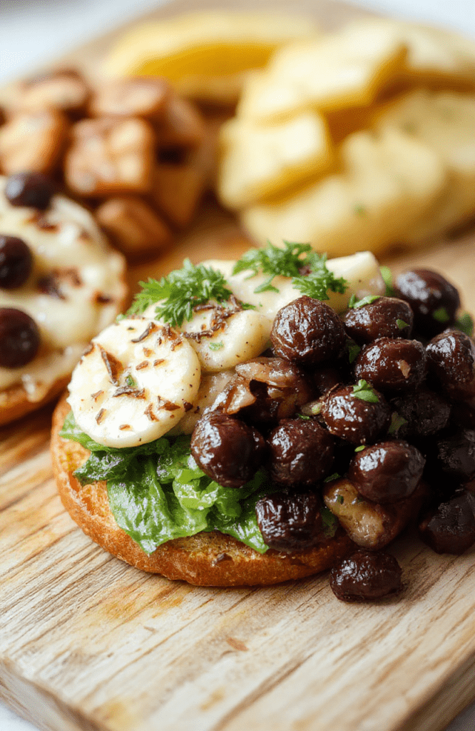 A colorful, minimalist snack board on a light oak wooden surface with three bite-sized portions: avocado toast triangles, sliced apple with almond butter, and roasted chickpeas in a small ceramic bowl. Natural daylight casts soft shadows, and fresh herbs garnish one corner.