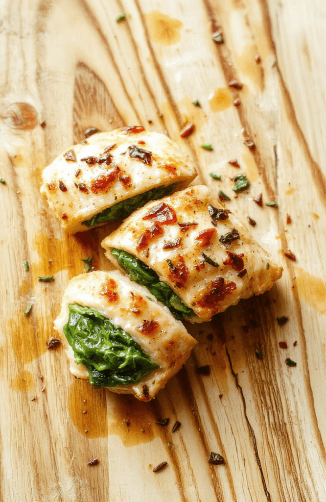 Juicy, golden-brown spinach stuffed chicken breast resting on a platter, sliced open to reveal a vibrant green spinach and ricotta filling, garnished with fresh parsley and a drizzle of lemon juice, served with roasted cherry tomatoes and asparagus on the side.