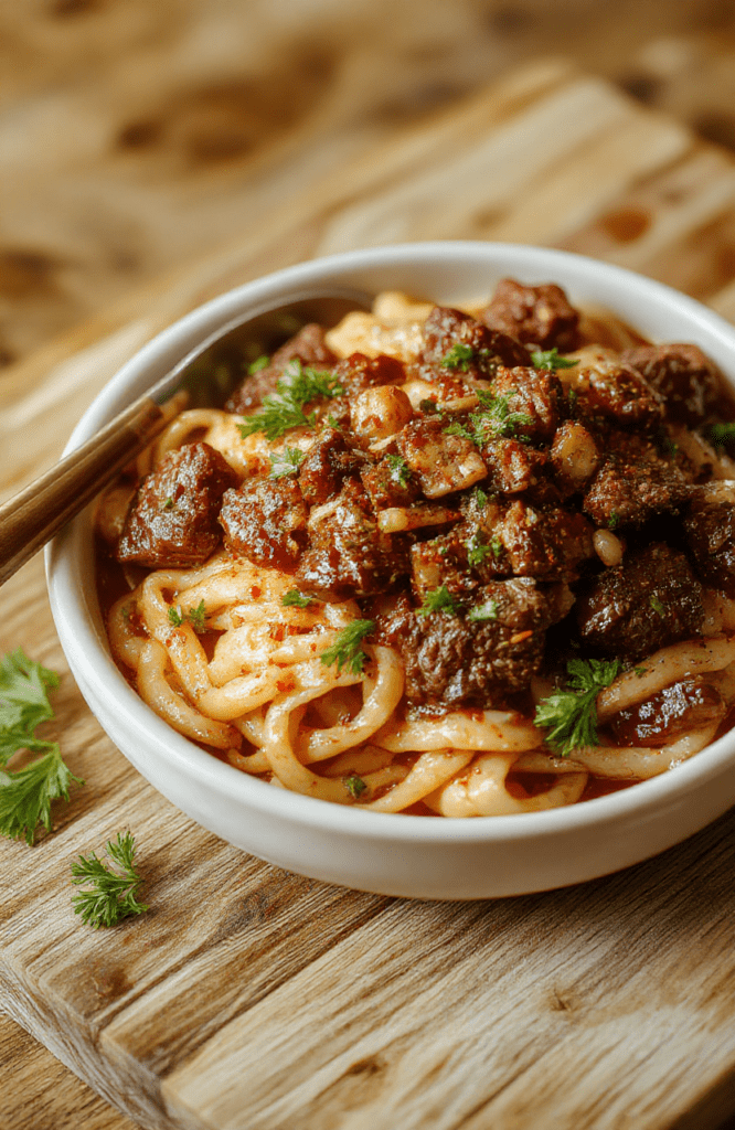 A steaming bowl of tender beef strips and egg noodles tossed in a savory garlic-herb sauce, garnished with fresh parsley and a light drizzle of olive oil, served on a rustic wooden cutting board with soft natural lighting and shallow depth of field.
