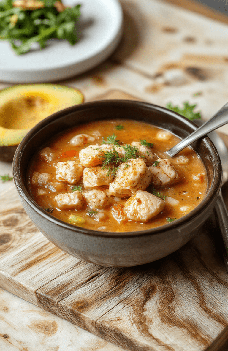 A steaming bowl of hearty chicken rice soup with tender shredded chicken, fluffy rice, carrot ribbons, and fresh parsley, served in a rustic white ceramic bowl against a light wooden table, with soft natural light highlighting the creamy broth and vibrant greens
