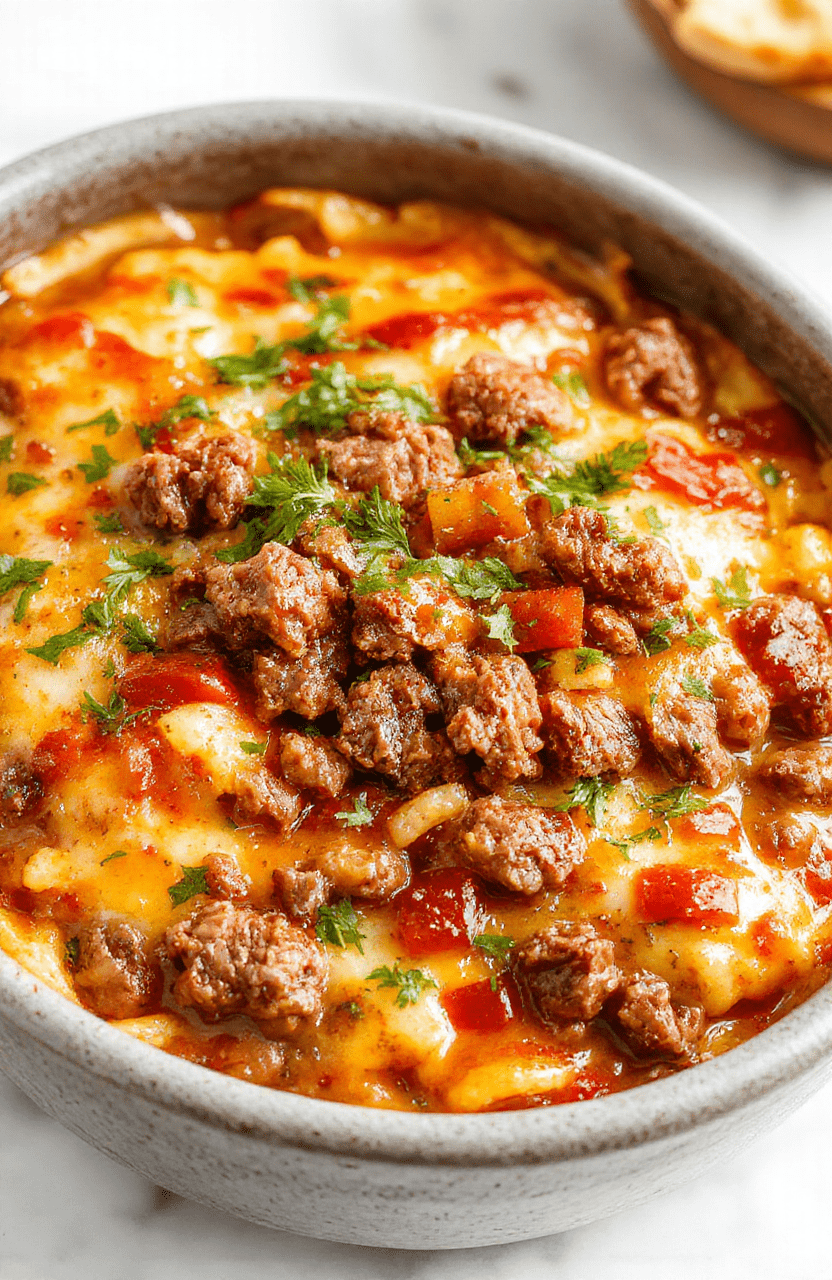 A bubbling, golden-brown casserole dish filled with tender ground beef, diced potatoes, mixed vegetables, and melted cheddar cheese on top, served in a metal foil pan, garnished with fresh parsley, taken in soft natural daylight with shallow depth of field.