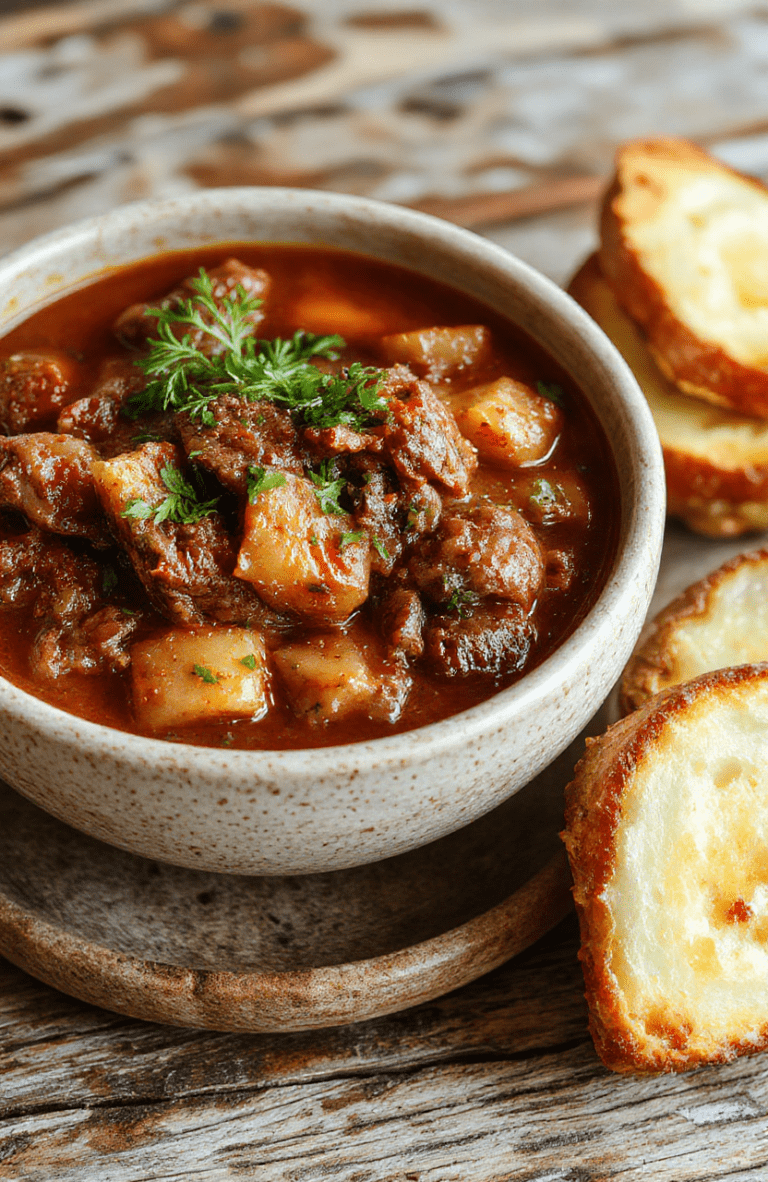 A rustic crock of rich brown beef stew with tender beef chunks, carrots, potatoes, and onions simmered in a savory broth, garnished with fresh parsley, served in a dark ceramic bowl on a wooden table with soft natural lighting and shallow depth of field.