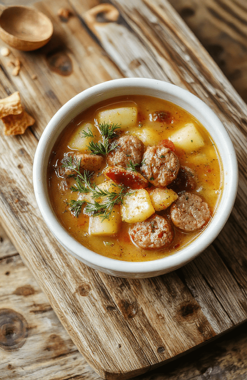 A steaming bowl of rich, creamy sausage potato soup with visibly tender diced potatoes, crumbled breakfast sausage, flecks of green onion, and a drizzle of olive oil, served in a rustic white ceramic bowl against a warm wooden table with soft natural light and shallow depth of field.