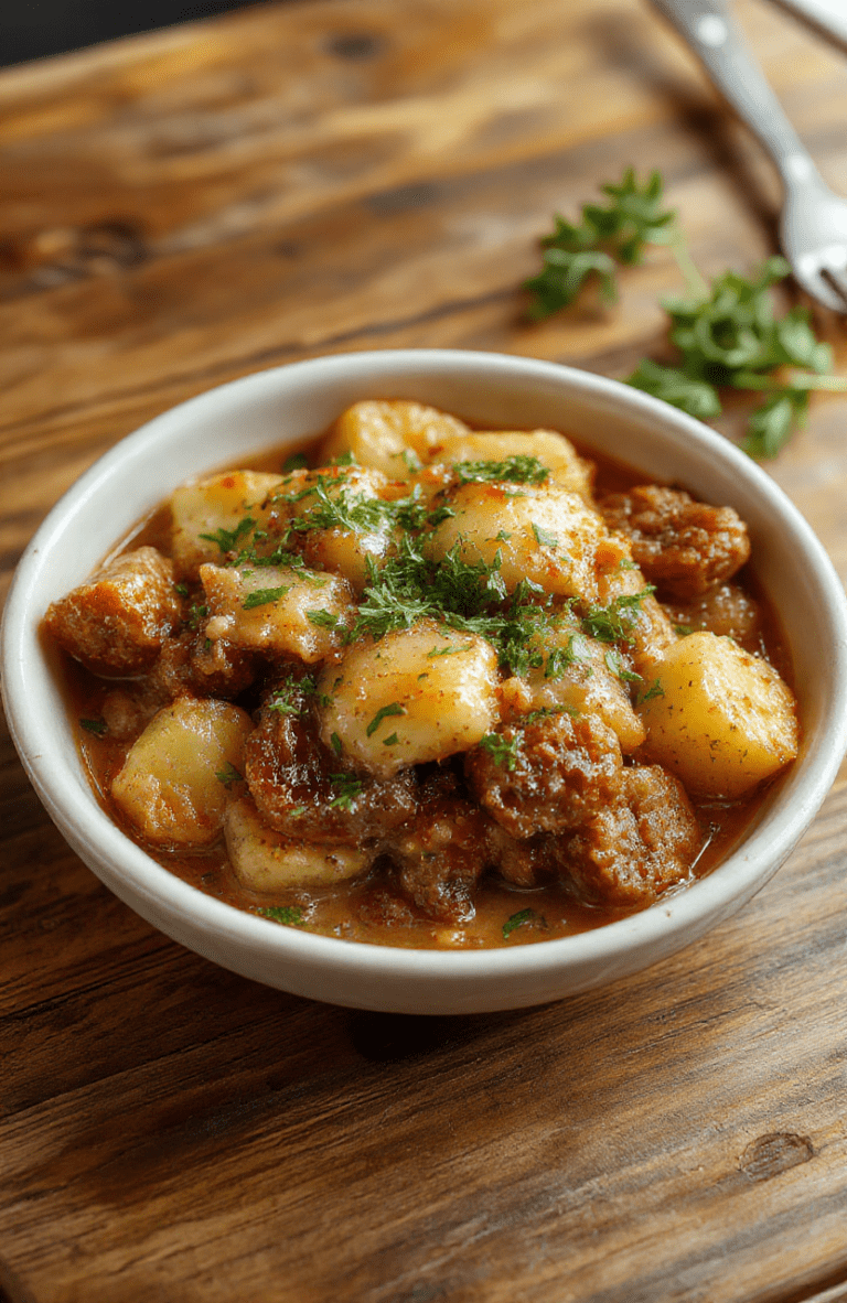 A golden-brown, bubbling casserole in a cast-iron skillet, layered with caramelized sausage rounds, crispy roasted potatoes, golden onions, and melted cheddar cheese, garnished with fresh parsley, on a rustic wooden tabletop.