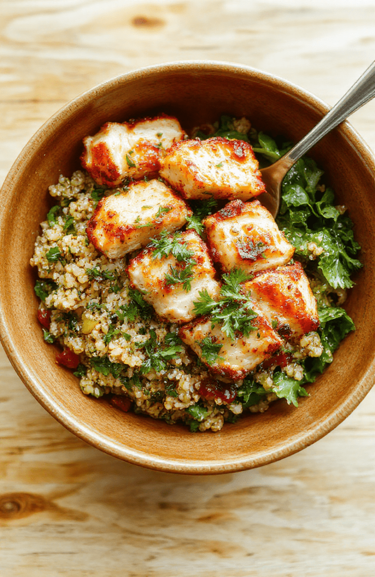 A vibrant high-protein chicken quinoa bowl with grilled chicken breast slices, fluffy quinoa, colorful chopped veggies like cherry tomatoes, cucumber, and red onion, fresh spinach leaves, and a lemon-tahini drizzle on a rustic wooden board, with soft natural lighting and minimal styling.