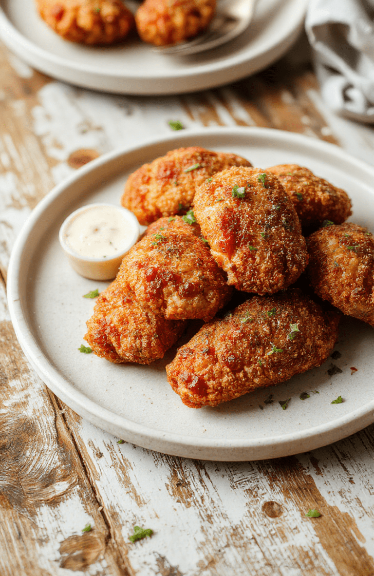 Golden-brown, crispy fried chicken tenders resting on a white ceramic plate, sprinkled with coarse salt and fresh parsley, served with a small ramekin of creamy dill dipping sauce on the side, natural sunlight casting soft shadows, shallow depth of field focusing on the tender’s flaky, well-seasoned breading.