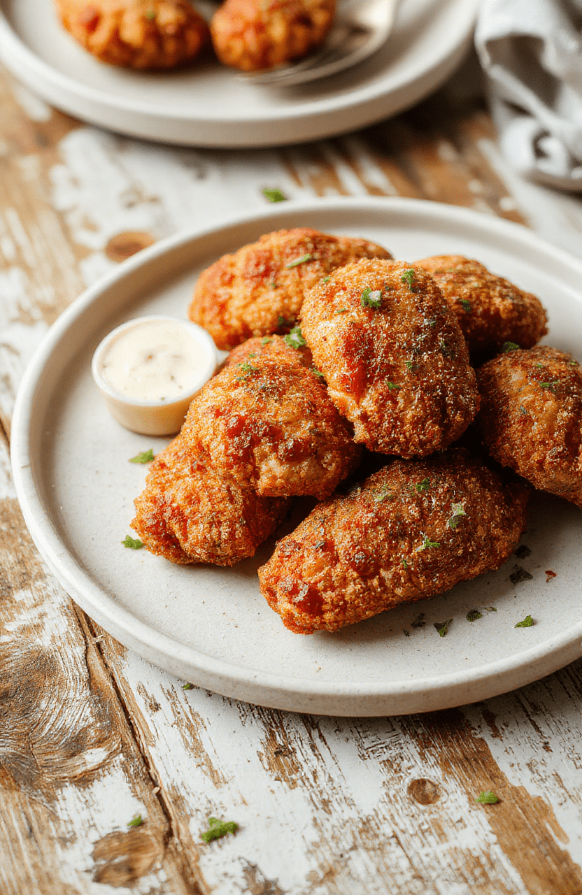 Golden-brown, crispy fried chicken tenders resting on a white ceramic plate, sprinkled with coarse salt and fresh parsley, served with a small ramekin of creamy dill dipping sauce on the side, natural sunlight casting soft shadows, shallow depth of field focusing on the tender’s flaky, well-seasoned breading.