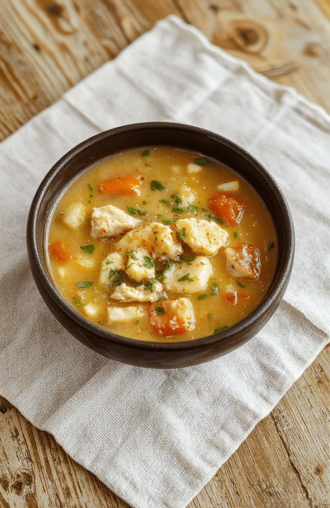 A steaming bowl of golden chicken noodle soup with tender shredded chicken, soft egg noodles, colorful diced carrots, and gentle green parsley flecks, garnished with fresh thyme sprigs, served in a rustic white ceramic bowl on a natural wood table with soft natural lightcasting gentle shadows.