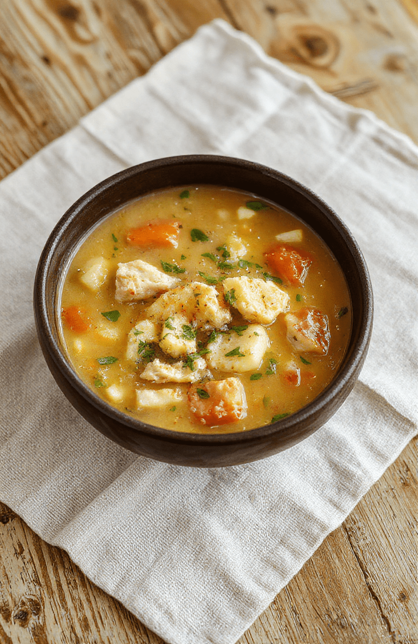 A steaming bowl of golden chicken noodle soup with tender shredded chicken, soft egg noodles, colorful diced carrots, and gentle green parsley flecks, garnished with fresh thyme sprigs, served in a rustic white ceramic bowl on a natural wood table with soft natural lightcasting gentle shadows.