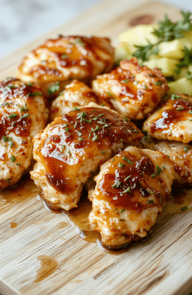 Golden-brown seared chicken breasts glossy with rich honey butter sauce, resting on a white ceramic plate with a side of steamed broccoli and roasted baby carrots, garnished with parsley and a drizzle of honey, in natural daylight against a light oak cutting board background.