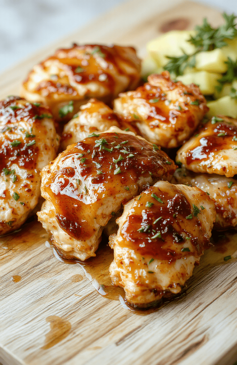 Golden-brown seared chicken breasts glossy with rich honey butter sauce, resting on a white ceramic plate with a side of steamed broccoli and roasted baby carrots, garnished with parsley and a drizzle of honey, in natural daylight against a light oak cutting board background.
