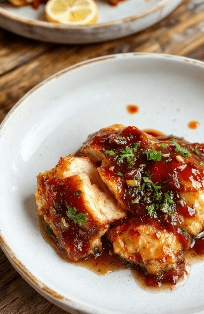 Juicy chicken pieces coated in glossy honey garlic glaze, glistening under natural light, served on a white ceramic plate with minimal garnish of sesame seeds and sliced green onions, vibrant golden-brown crust visible on edges, soft shadows and shallow depth of field, lower third of frame empty for text overlay.