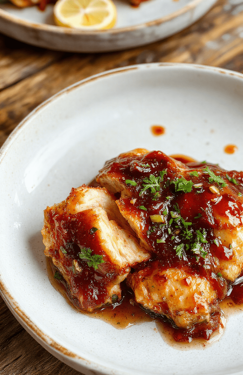 Juicy chicken pieces coated in glossy honey garlic glaze, glistening under natural light, served on a white ceramic plate with minimal garnish of sesame seeds and sliced green onions, vibrant golden-brown crust visible on edges, soft shadows and shallow depth of field, lower third of frame empty for text overlay.