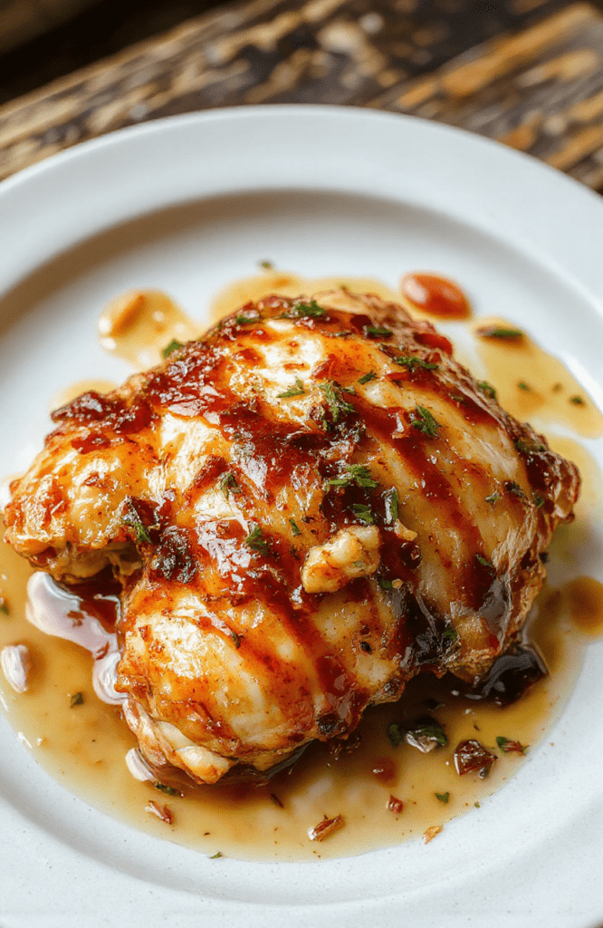 Juicy honey garlic chicken thighs with golden-brown crispy edges, glistening with thick sticky sauce, garnished with sesame seeds and sliced green onions, served on a rustic ceramic plate against a soft blurred kitchen background with natural light