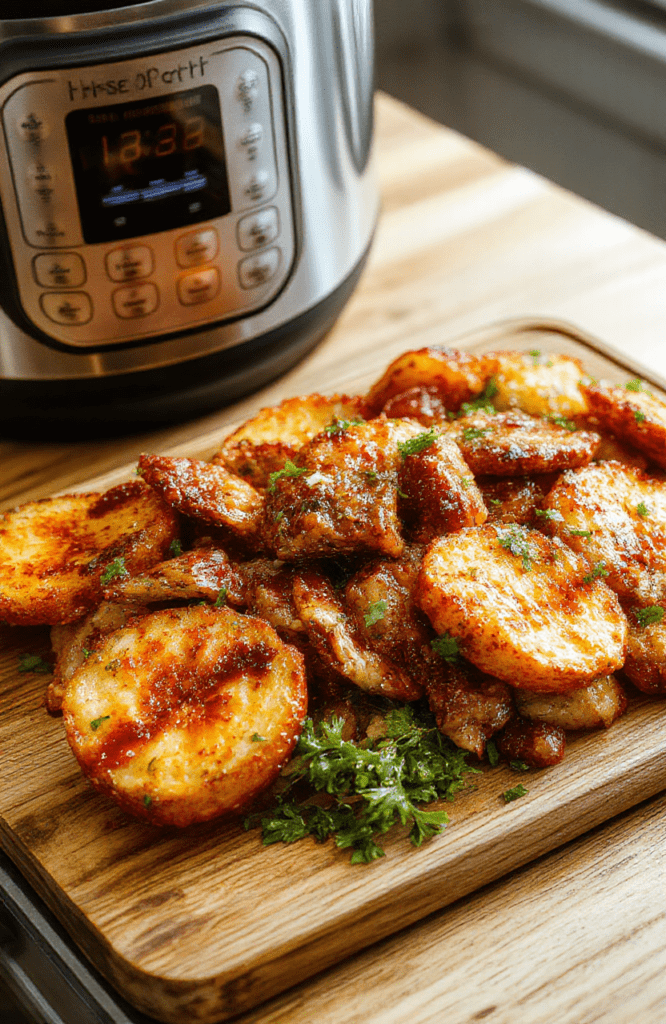A sleek stainless steel Instant Pot on a clean kitchen counter next to a open laptop displaying a recipe, with chopped vegetables, a wooden spoon, and a timer showing 12:00 in the background, natural light streaming in from a window.