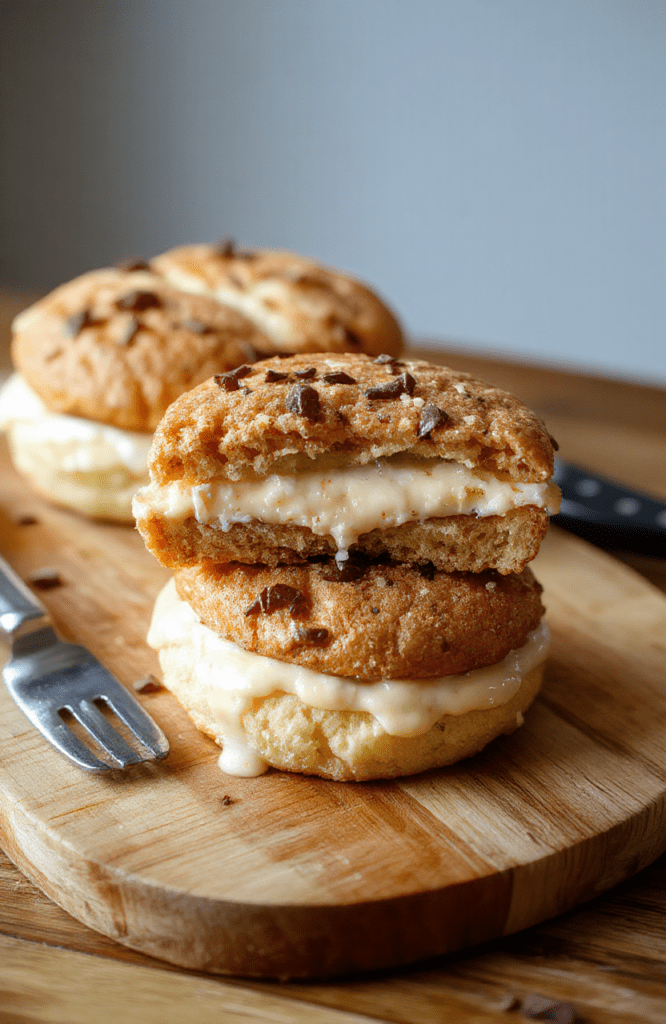 A beautifully layered japanese-style egg sandwich cake with soft, golden-brown milk bread slices, filled with creamy, sweet Japanese egg salad (tamago) in a delicate gradient of pale yellow to soft amber, neatly stacked and sliced to reveal perfect layers, garnished with microgreens and a dusting of sesame seeds, placed on a rustic light wooden cutting board with soft natural daylight and gentle shadows.
