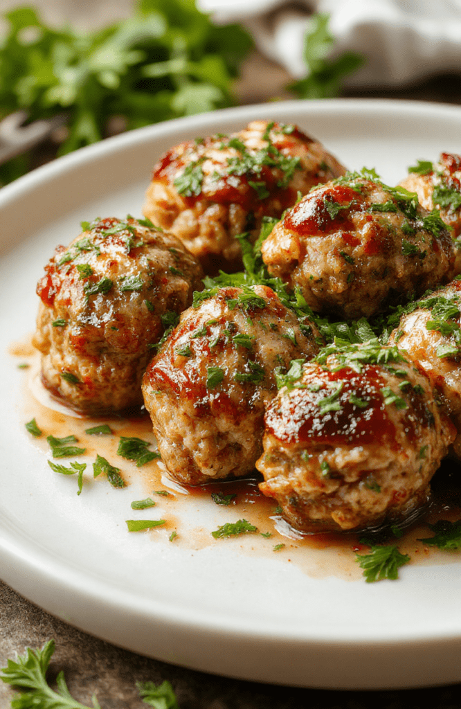 Glowing golden-brown turkey meatballs glistening with olive oil, nestled on a rustic white ceramic plate beside fresh parsley and a drizzle of vibrant green pesto, steam rising delicately against a soft, warm backdrop.