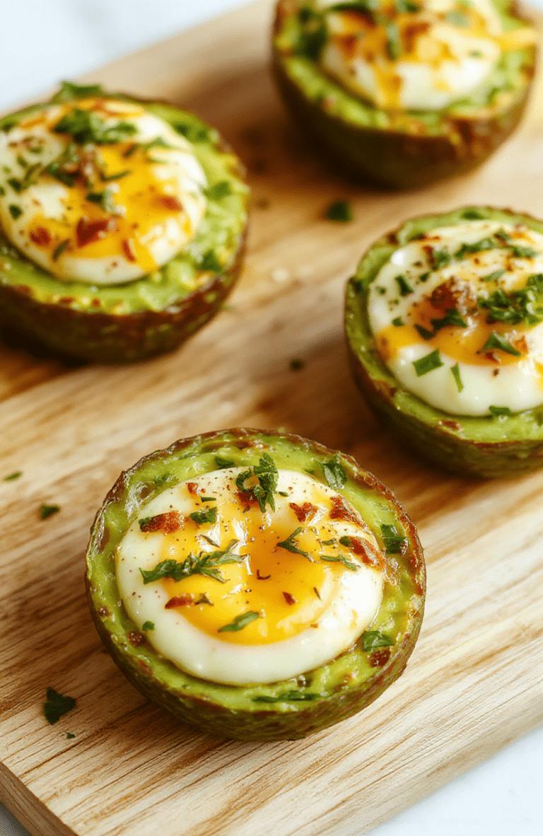 Two golden-brown avocado halves filled with perfectly poached eggs and topped with chives, black sesame seeds, and a drizzle of olive oil, served on a rustic wooden cutting board beside fresh cherry tomatoes and microgreens.